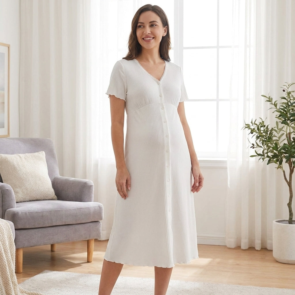 Soft Modal Nursing Nightgown – Short Sleeve Maternity & Breastfeeding Sleepwear